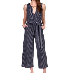 Michael Kors Navy & White Striped Sleeveless Tie-Waist Jumpsuit